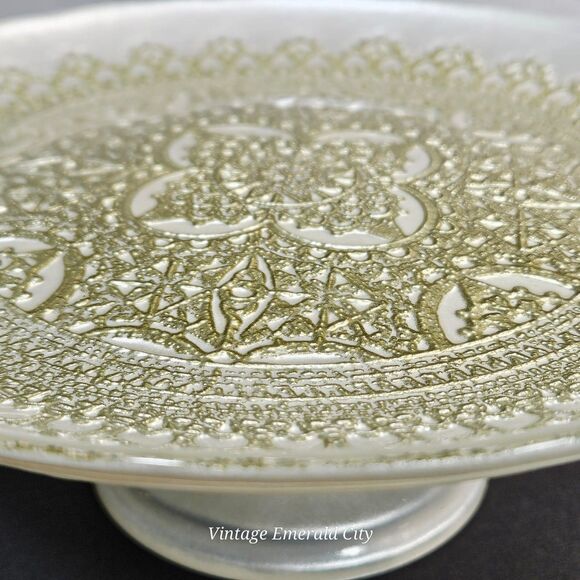 Vtg Turkish Glass White Cake Stand Pedestal Dessert Serving Platter Gold Lace - Picture 7 of 12